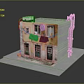 Detailed Model Building Featuring Yellow Walls Green Doors Windows Balcony Hanging Blue Cloth Ladder Structure