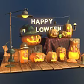 Happy Halloween Decorations With Jack O Lanterns Witch Hat And Wooden Platform