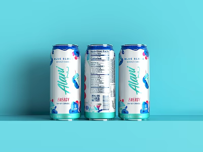 Three Aqua Energy Blueberry Energy Drink Cans With Blue Green Design On Light Blue Background 3d model