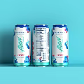 Three Aqua Energy Blueberry Energy Drink Cans With Blue Green Design On Light Blue Background