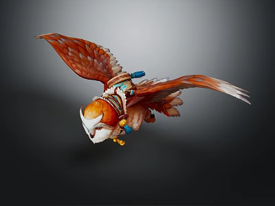 Flying Orange White Feathered Bird With Decorative Blue Gold Saddle As Mythical Rider's Companion 3d model