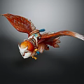 Flying Orange White Feathered Bird With Decorative Blue Gold Saddle As Mythical Rider's Companion