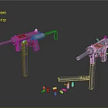 Vintage Submachine Guns With Metal Frames Displayed With Scattered Bullets On Gray Surface 3d model