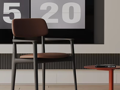 Modern Brown Accent Chair With Metal Frame Alongside Red Side Table And Digital Wall Decor 3d model