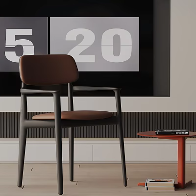 Modern Brown Accent Chair With Metal Frame Alongside Red Side Table And Digital Wall Decor 3d model