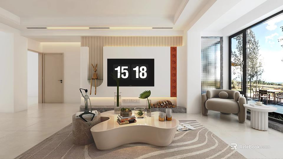 Modern TV Background Wall Design With Wooden Panels And Decorative Elements In Living Room 3d model 