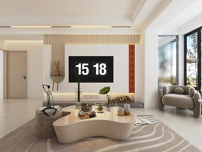 Modern TV Background Wall Design With Wooden Panels And Decorative Elements In Living Room 3d model