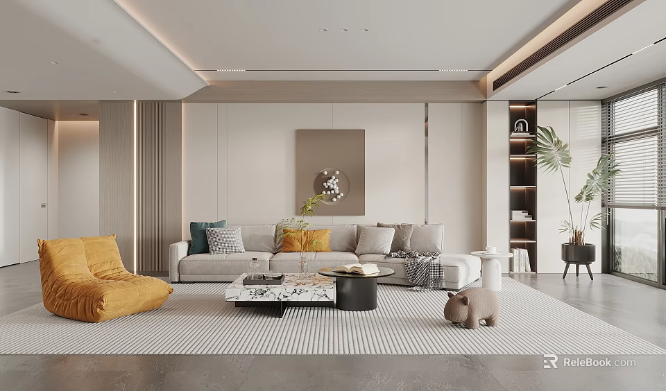 Modern Living Room Interior With Gray Sofa Colorful Pillows Marble Coffee Table And Striped Rug 3d model 