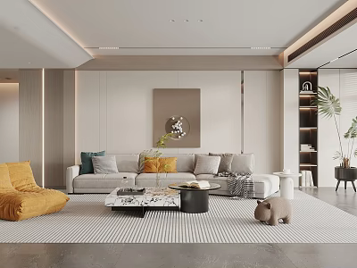 Modern Living Room Interior With Gray Sofa Colorful Pillows Marble Coffee Table And Striped Rug 3d model