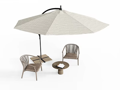 Outdoor Wicker Dining Chairs With Beige Umbrella And Small Table Setup 3d model