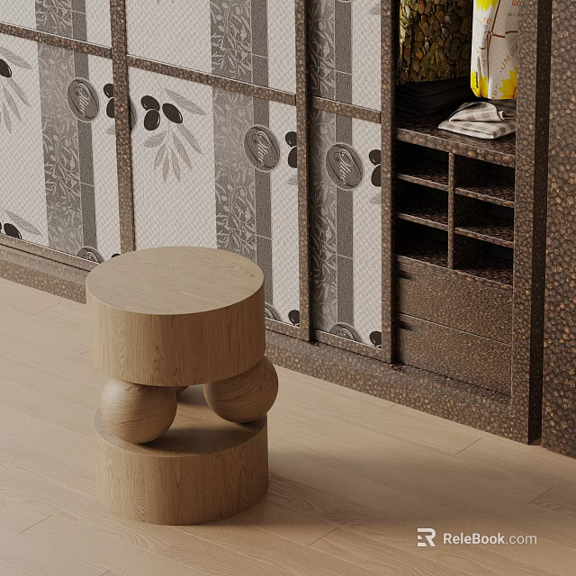 Wooden Side Table With Round Top And Spherical Base In Room With Bamboo Pattern Screen 3d model 