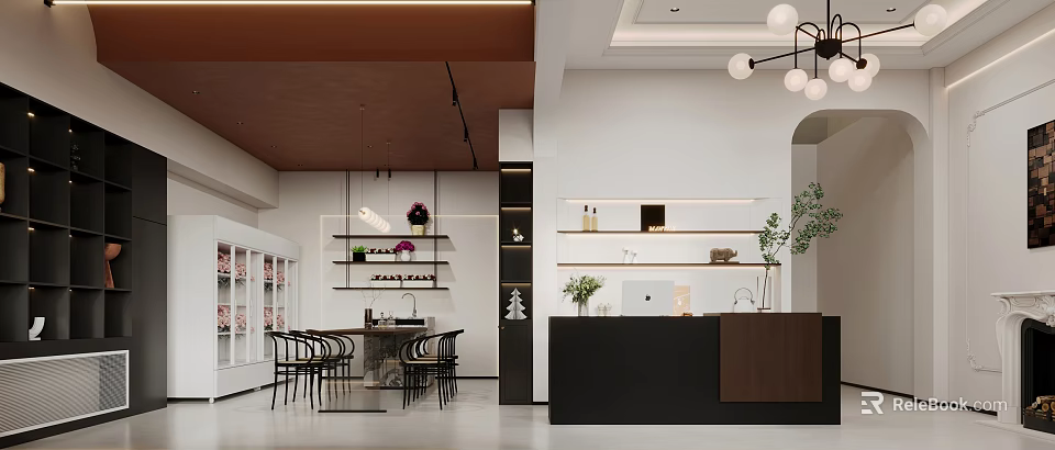 Modern Retail Boutique Interior With Display Shelves Wooden Counter And Green Plants 3d model 