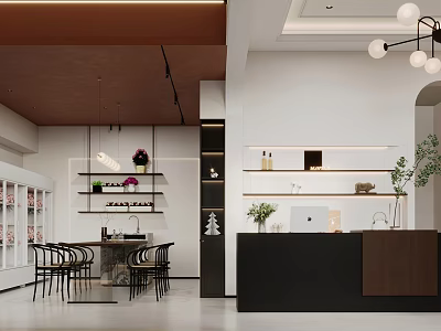 Modern Retail Boutique Interior With Display Shelves Wooden Counter And Green Plants 3d model