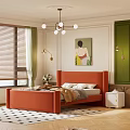 Green Bedroom With Upholstered Headboard Quilt Pillows Window Blinds Wall Art Nightstand And Checkered Rug