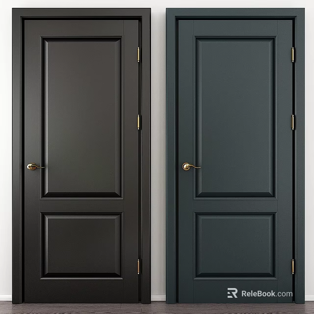 Modern Hinged Doors In Dark Gray And Deep Green With Golden Handles And Panel Design 3d model 