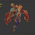 3D Fantasy Warrior Game Character With Red Gold Armor Blue Braided Hair And Purple Mythical Attire