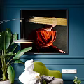 Modern Interior With Green Single Sofa Blue Wall Painting Floor Lamp And Plants