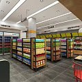 Supermarket Grocery Store Interior With Organized Shelves Various Products Refrigerators And Checkout Counter