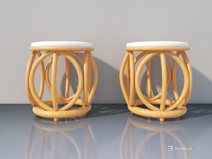 Round Rattan Stools With White Cushions On Gray Floor And Reflection 3d model 