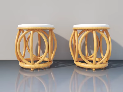 Round Rattan Stools With White Cushions On Gray Floor And Reflection 3d model