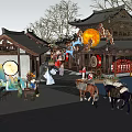 Traditional Ancient Night Scene With Traditional Buildings Lanterns Full Moon People Horses and Carriages