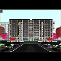 Modern Multi Story Residential Building With Landscaped Courtyard Cherry Blossom Trees And Garden Lighting