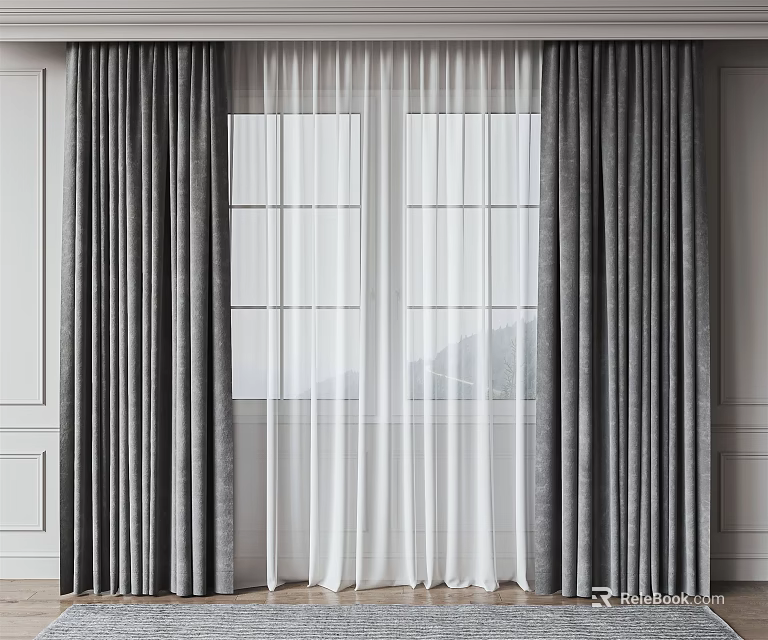 Gray Velvet Curtains With White Sheer Panels For Modern Window Decoration 3d model 