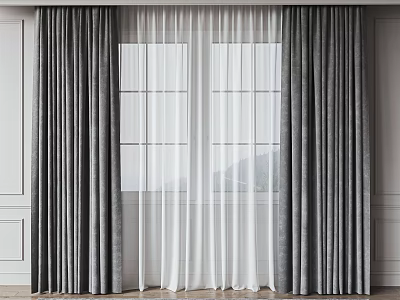 Gray Velvet Curtains With White Sheer Panels For Modern Window Decoration 3d model