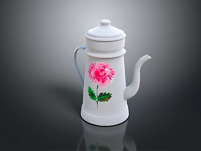 White Decorative Water Kettle with Pink Flower and Green Leaves for Home Use 3d model