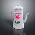 White Decorative Water Kettle with Pink Flower and Green Leaves for Home Use