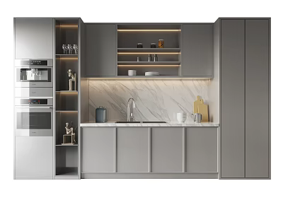 Modern Gray Kitchen Cabinets With Marble Countertop Integrated Appliances And Kitchen Utensils 3d model