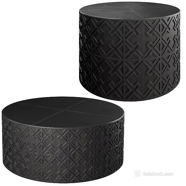 Modern Black Round Coffee Tables With Intricate Geometric Pattern Texture Design 3d model