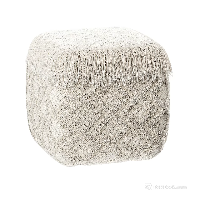 Soft Beige Knitted Ottoman With Diamond Pattern And Fringe Trim Design 3d model 