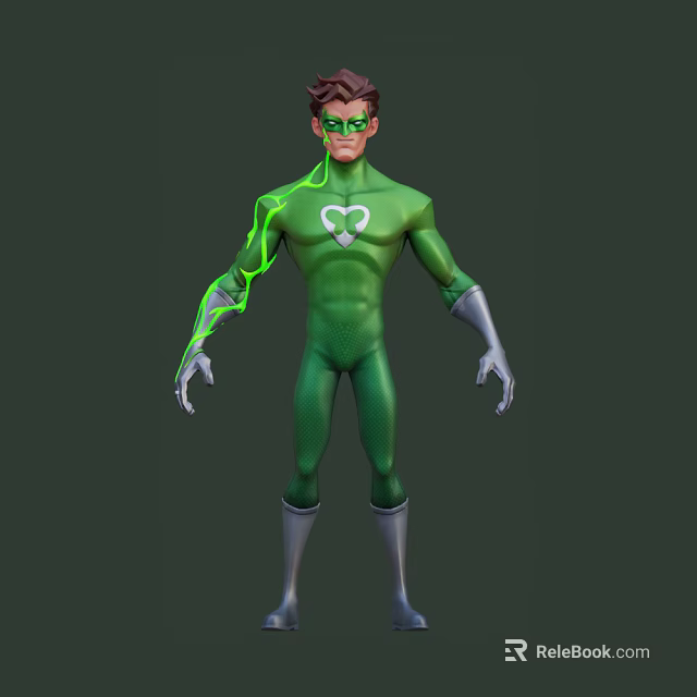 Game and Movie Character Green Superhero Costume With Glowing Lines And Chest Symbol 3d model 