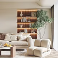 Modern Living Room Interior With Beige Sofa Wooden Coffee Table Bookshelf And Green Plant