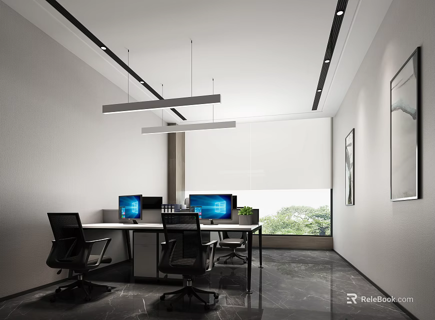 Modern Open Public Office Area With Desks Computers Black Chairs And Floor To Ceiling Windows 3d model 