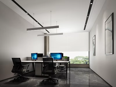 Modern Open Public Office Area With Desks Computers Black Chairs And Floor To Ceiling Windows 3d model