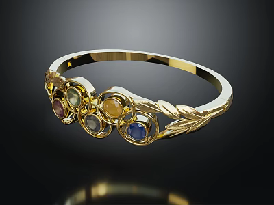 Exquisite Gold Bracelet Adorned With Multi Colored Gemstones And Leaf Motifs 3d model