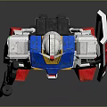 Gundam Model With White Blue Red Yellow Colors Shield Gun Standing Pose Gray Background