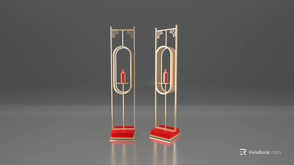 Two Golden Frame Candle Holders With Red Bases And Red Candles 3d model 