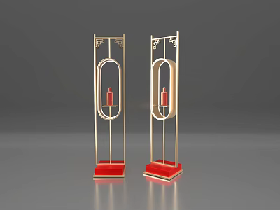 Two Golden Frame Candle Holders With Red Bases And Red Candles 3d model