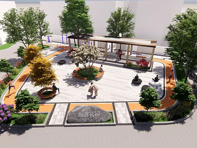 Beautiful Park Landscape With Lush Trees Wooden Pavilion Seating Area Inscribed Stone And Colorful Flowers 3d model