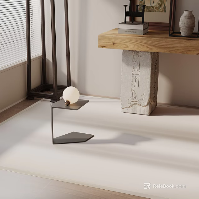 Modern Sleek Metal Side Table With Round Lamp Near Wooden Table And Stone Pillar 3d model 