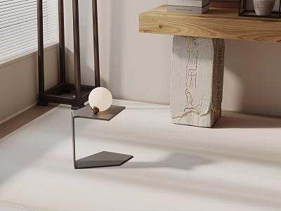 Modern Sleek Metal Side Table With Round Lamp Near Wooden Table And Stone Pillar 3d model
