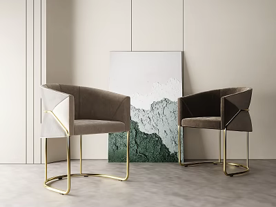 Two Elegant Modern Accent Chairs With Velvet Upholstery And Golden Metal Geometric Legs 3d model