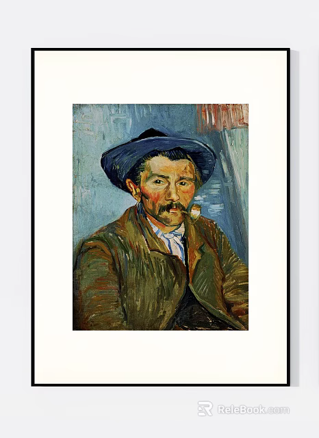 Van Gogh Style Portrait Painting Of Man With Blue Hat Mustache And Brown Coat 3d model 