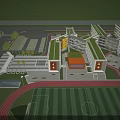 Modern School Building With Red Track Playground Colorful Flags Spectators And Students Running