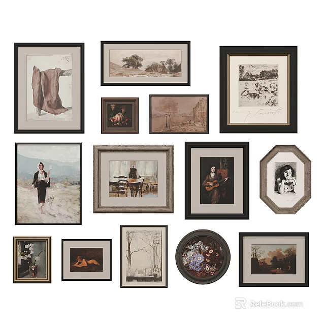 Gallery Wall with Diverse Framed Artworks Portraits Landscapes Animal Prints Various Sizes Shapes 3d model 