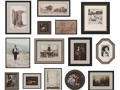 Gallery Wall with Diverse Framed Artworks Portraits Landscapes Animal Prints Various Sizes Shapes 3d model