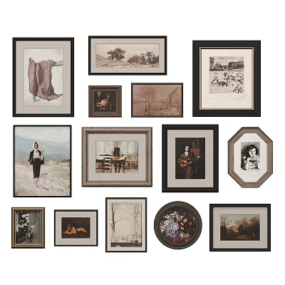 Gallery Wall with Diverse Framed Artworks Portraits Landscapes Animal Prints Various Sizes Shapes 3d model